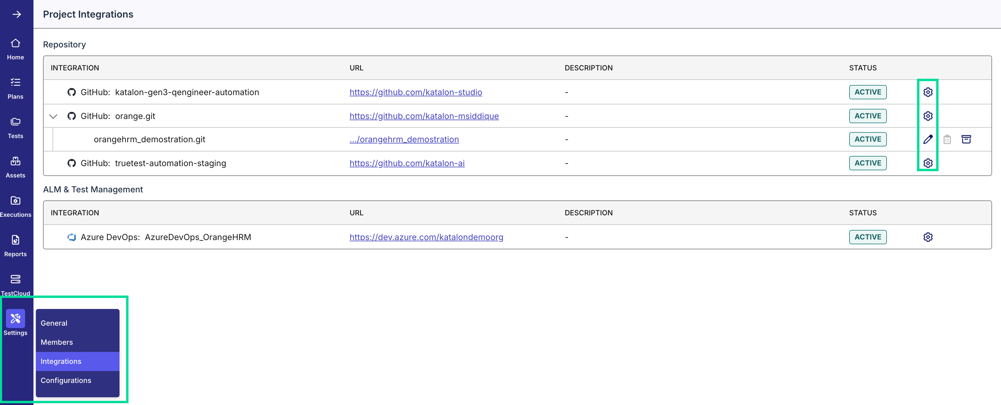 The project integration settings in Katalon TestOps.